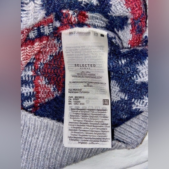 2/49$ Men’s SELECTED Fair Isle Raglan-Sleeve wool blend grey Sweater Sz‎ Large - Picture 6 of 13